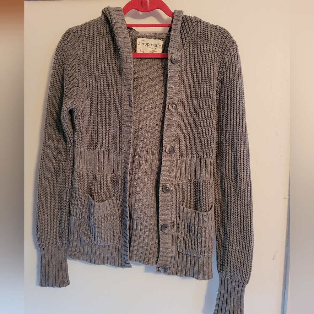Aeropostale Taupe Knit Hooded Cardigan